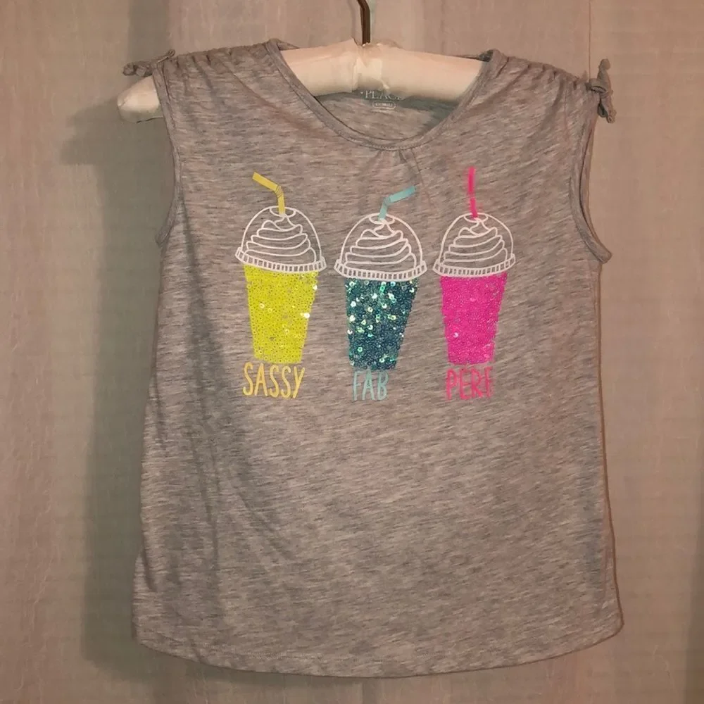 Place 10-12 Light Gray Milkshake Sequins Sassy Fab Perf Sleeveless Tee